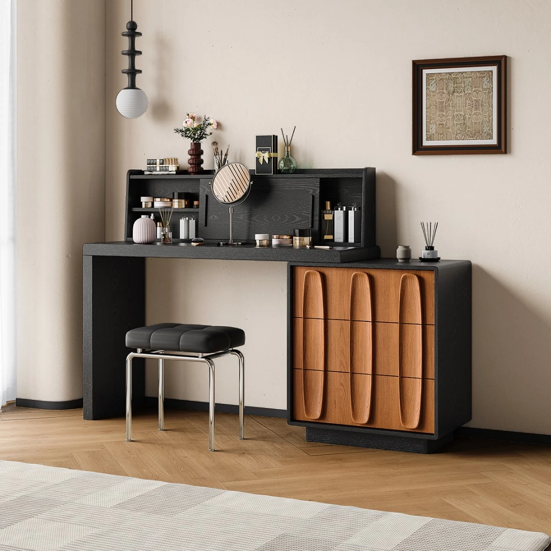 米象家居砚池三斗柜梳妆台实木斗柜一体卧室转角收纳化妆桌-5