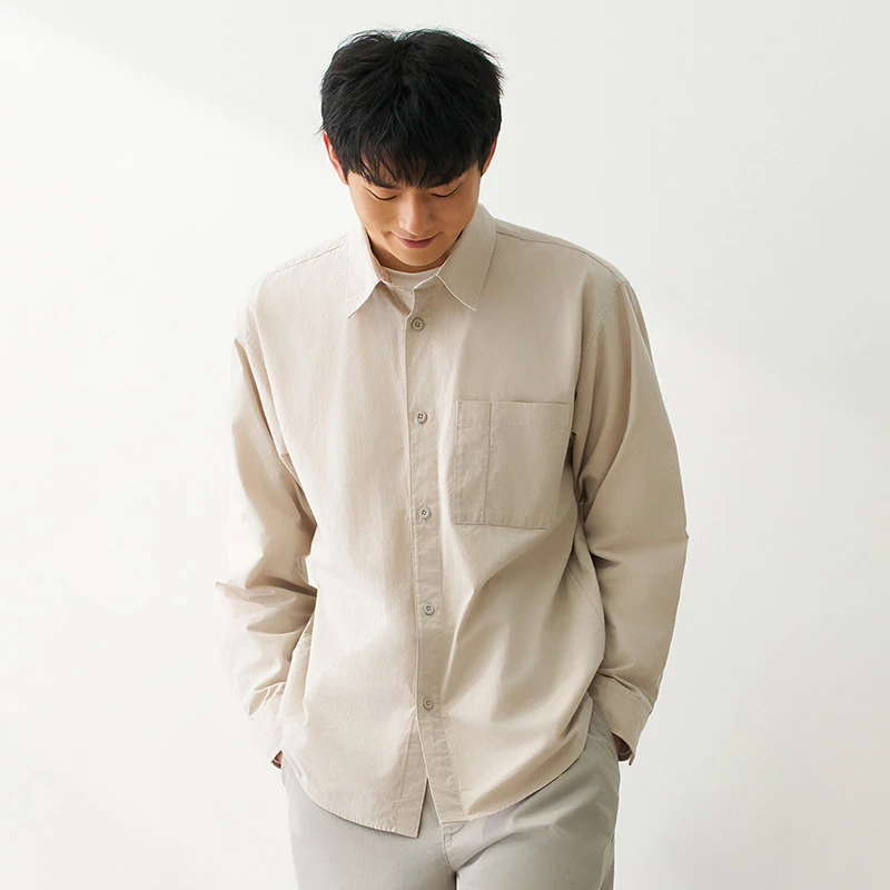 无印良品 MUJI 男式 水洗平纹 宽版衬衫 男士长袖衬衣外套