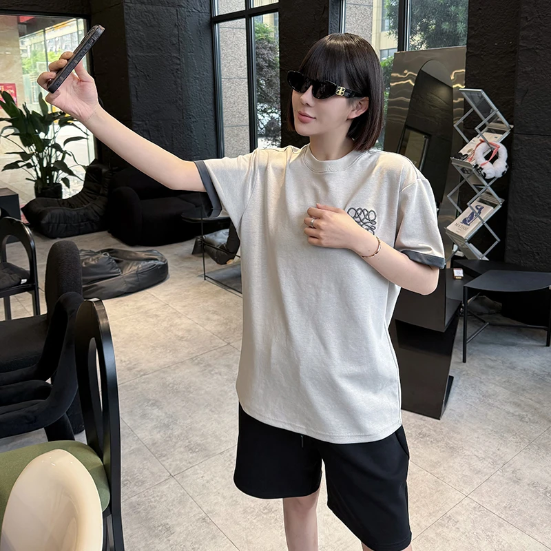 【双色假两件】2025新款时尚百搭双色假两件刺绣工艺T恤男女同款