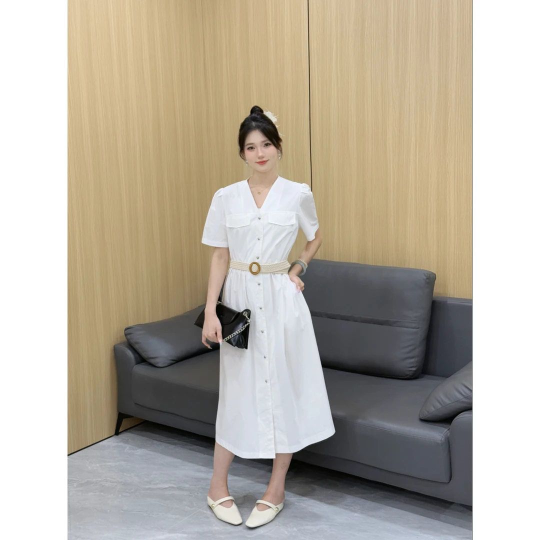 财阀千金女装休闲商务贵气收腰显瘦V领连衣裙女夏季新款（配腰带）