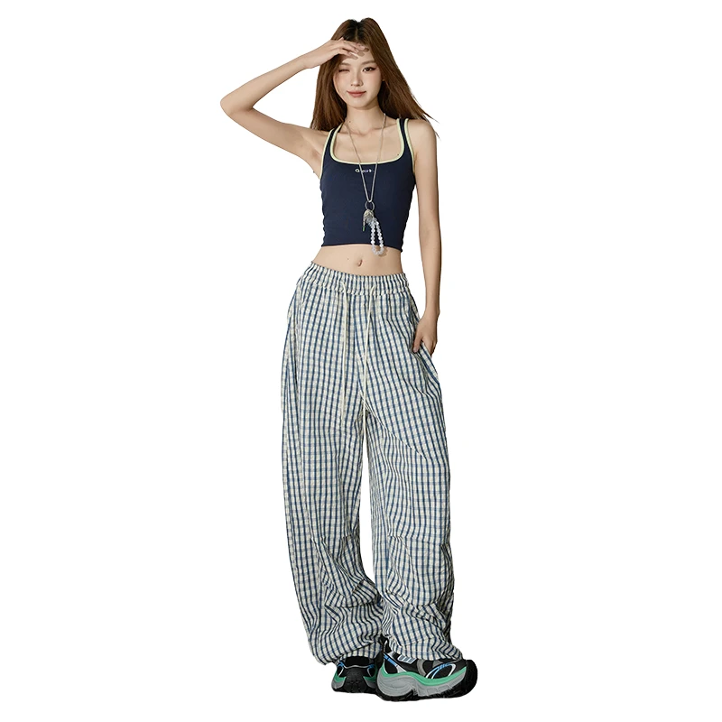 2025美式复古蓝色格子休闲裤女春季新款低腰宽松阔腿