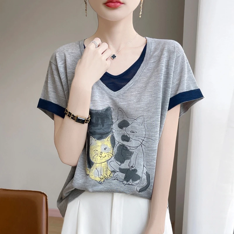 竹节麻双V领假两件猫咪图案洋气女装2025小众炸街高级感女装