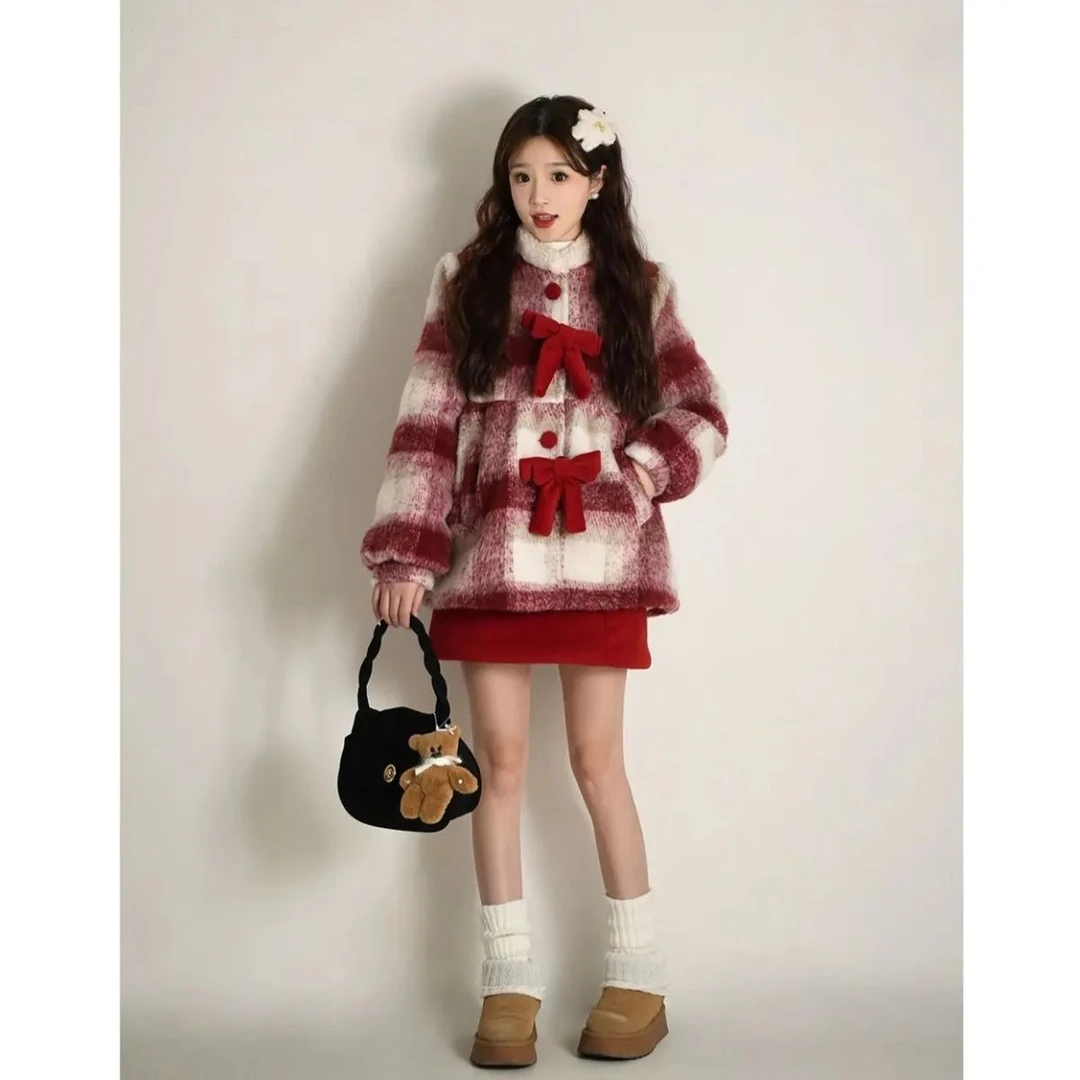 郑了个洋【糖葫芦】毛呢外套女格子新年战袍红色短呢子半身裙套装