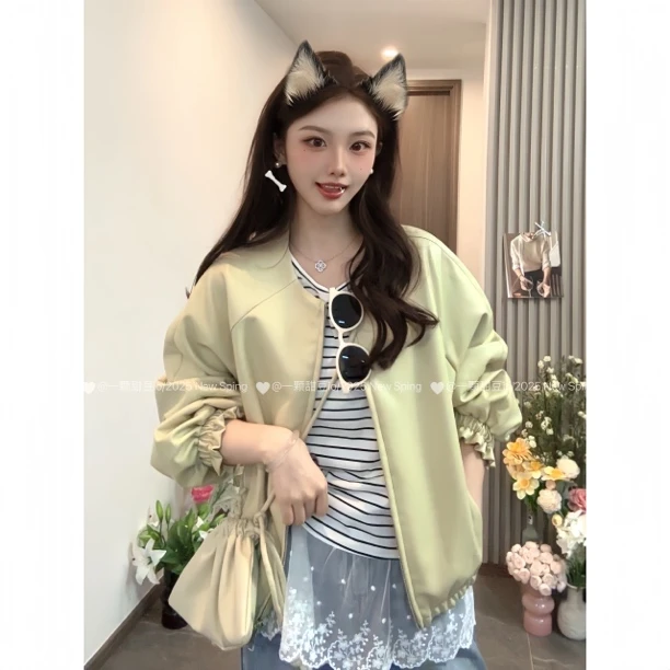 早春新款圆领休闲皮衣韩系简约高级感 夹克外套女送包包
