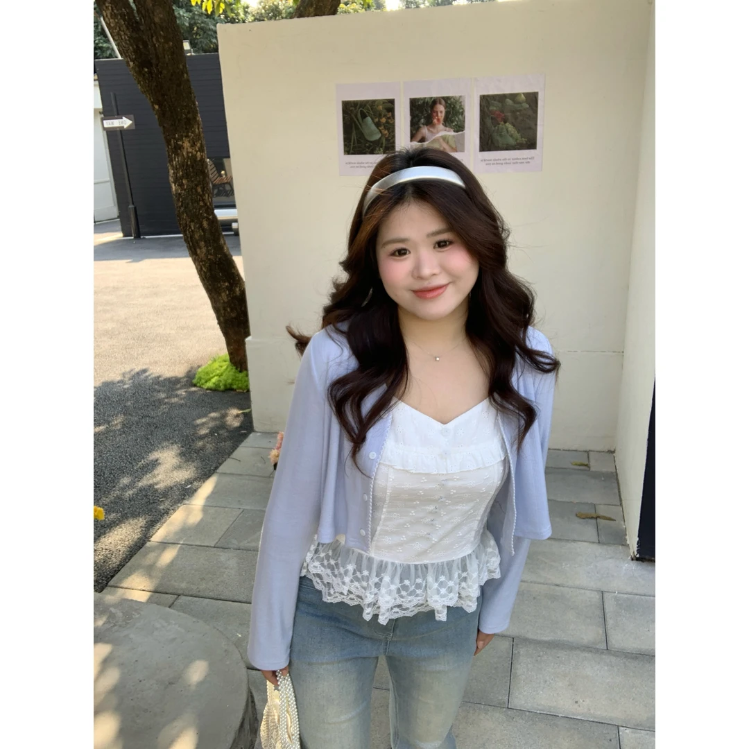 大头婷微胖春季长袖小开衫上衣女胖mm百搭圆领显瘦遮肉长袖