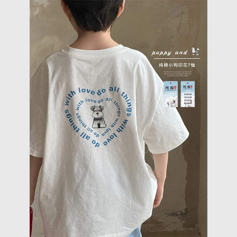 虾酱麻麻男童纯棉短袖t恤夏装2025新款白色上衣卡通印花儿童体恤