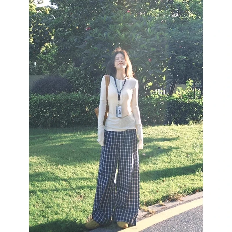 露思一下~蓝色复古格子休闲裤女2024春秋新款裤子直筒排扣阔腿裤