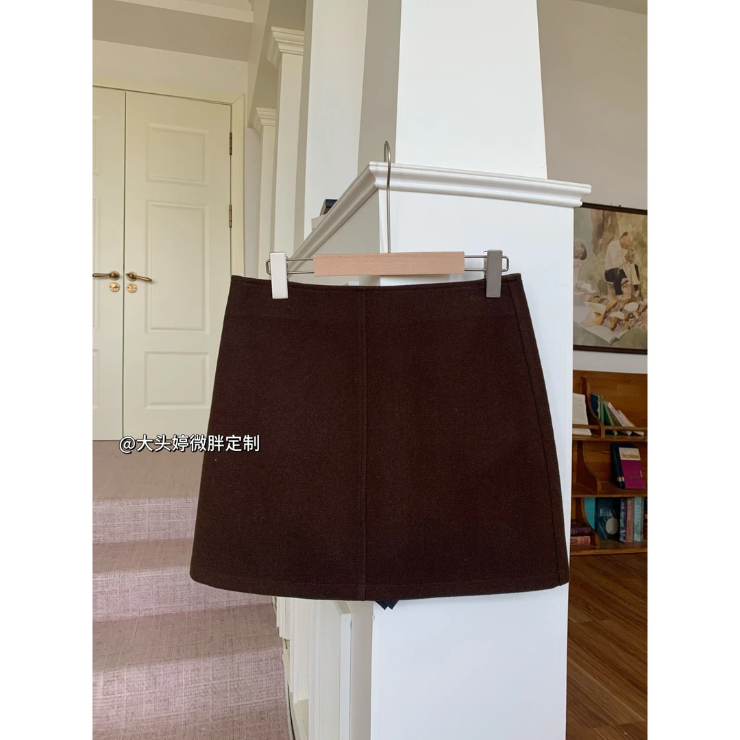 【泥美专属】大头婷微胖定制设计感棕色休闲毛呢高腰显瘦半裙 0442