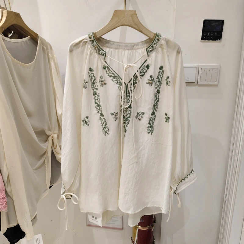 气质系带天丝麻刺绣衬衫2025夏季新款时尚减龄小众新中式长袖上衣