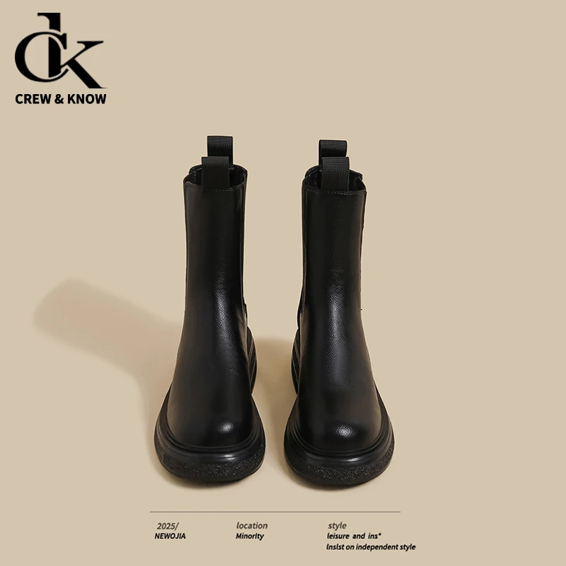 【官网C&K专柜正品】韩系日常美搭风黑色烟筒靴女2025秋冬加绒中筒