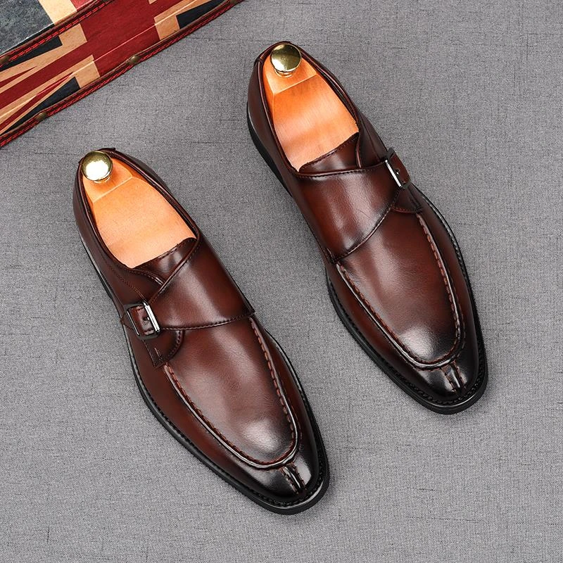 欧版商务正装皮鞋男尖头搭扣孟克鞋英伦新郎结婚内增高德比鞋棕色