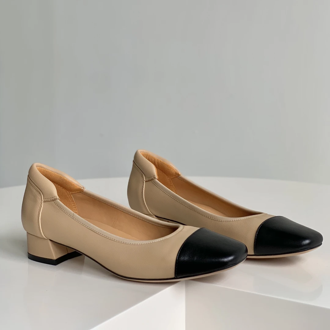 3CM跟高舒适拼色软底方头真皮女鞋，8381-1黑头奶奶鞋