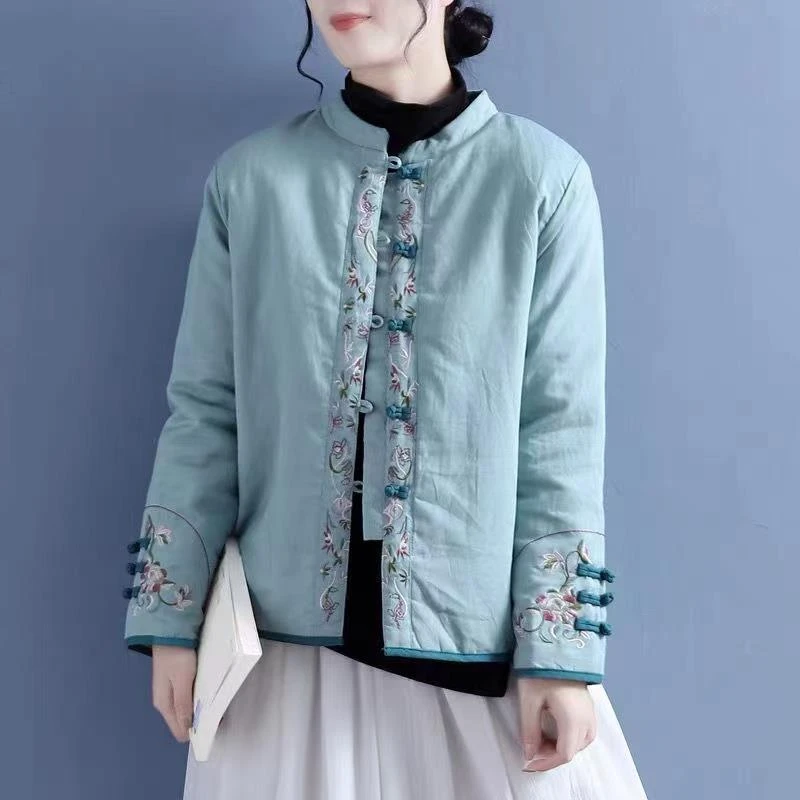 秋冬中国风棉麻民族风绣花棉服女盘扣立领对襟棉衣中式厚外套棉服