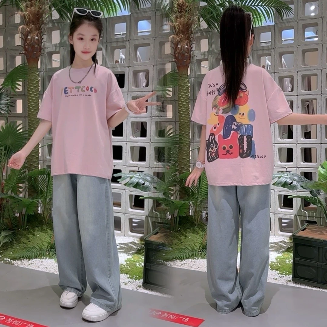 女童夏季短袖套装儿童时尚休闲简约宽松印花卡通儿童时尚韩版百搭