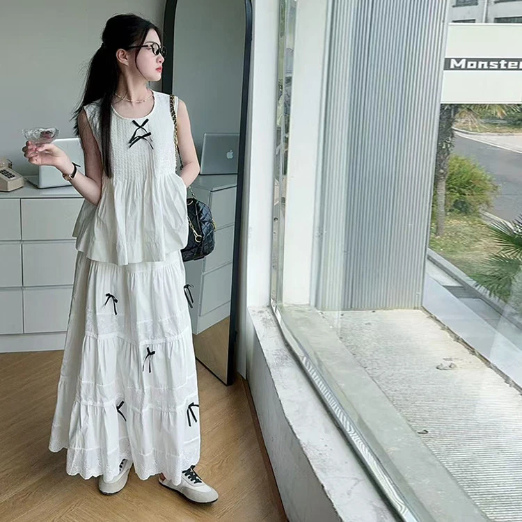 女童夏季套装2025新款儿童洋气夏装大童无袖背心蝴蝶结长裙两件套