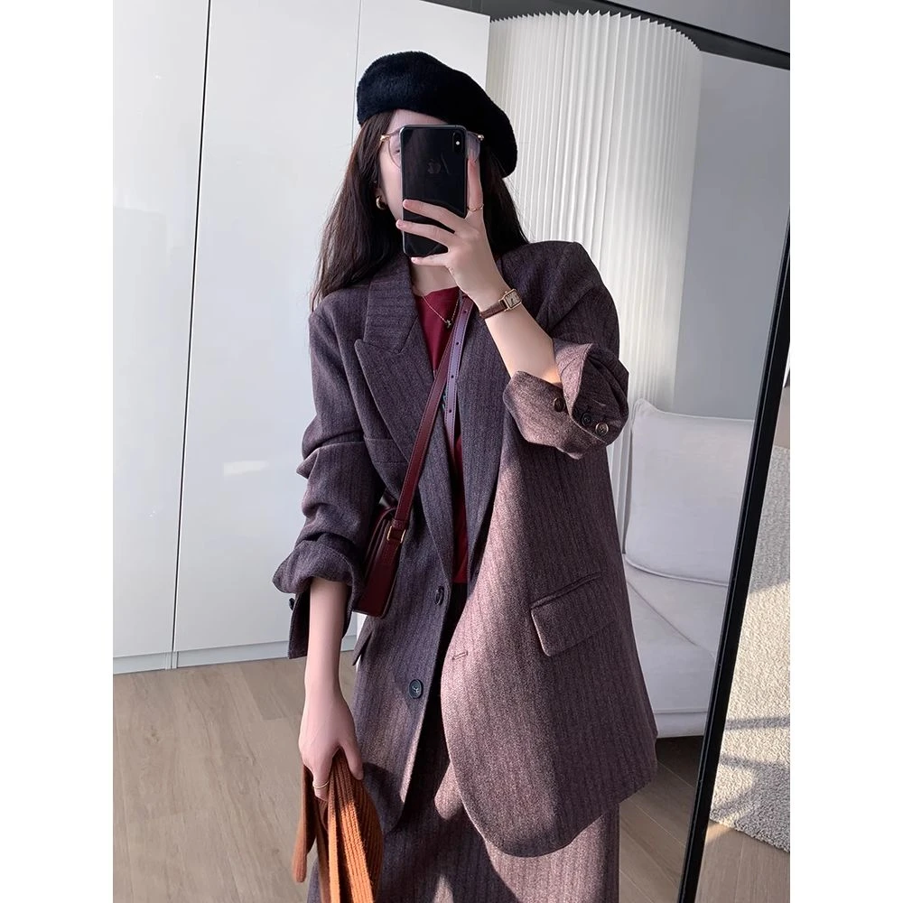 小香风西装套装女2025冬季新款时尚加厚羊毛呢子半身复古裙两件套