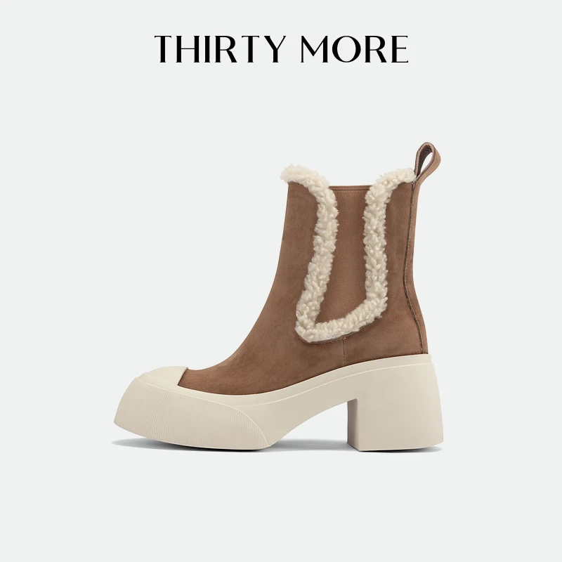 Thirty More粗跟短靴女新款冬季新款加绒加厚时装靴复古切尔西靴