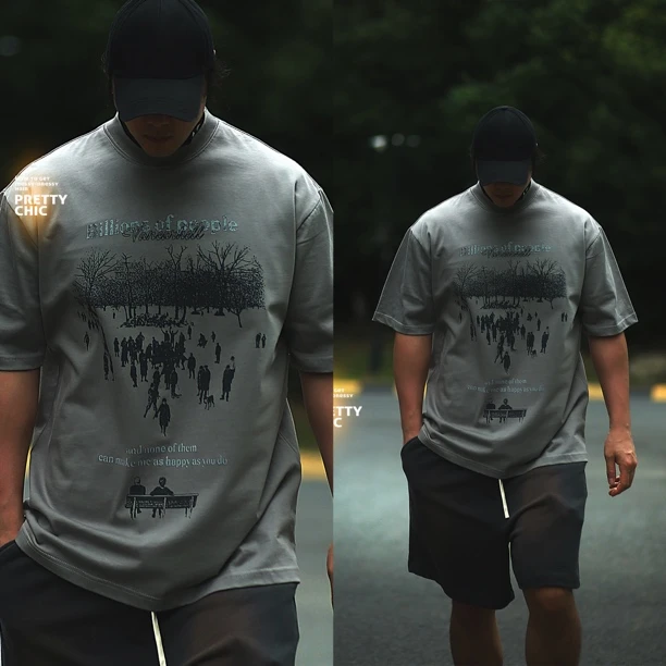 时尚280克重磅纯棉美式复古水洗做旧短袖T恤男女夏季宽松高街潮牌