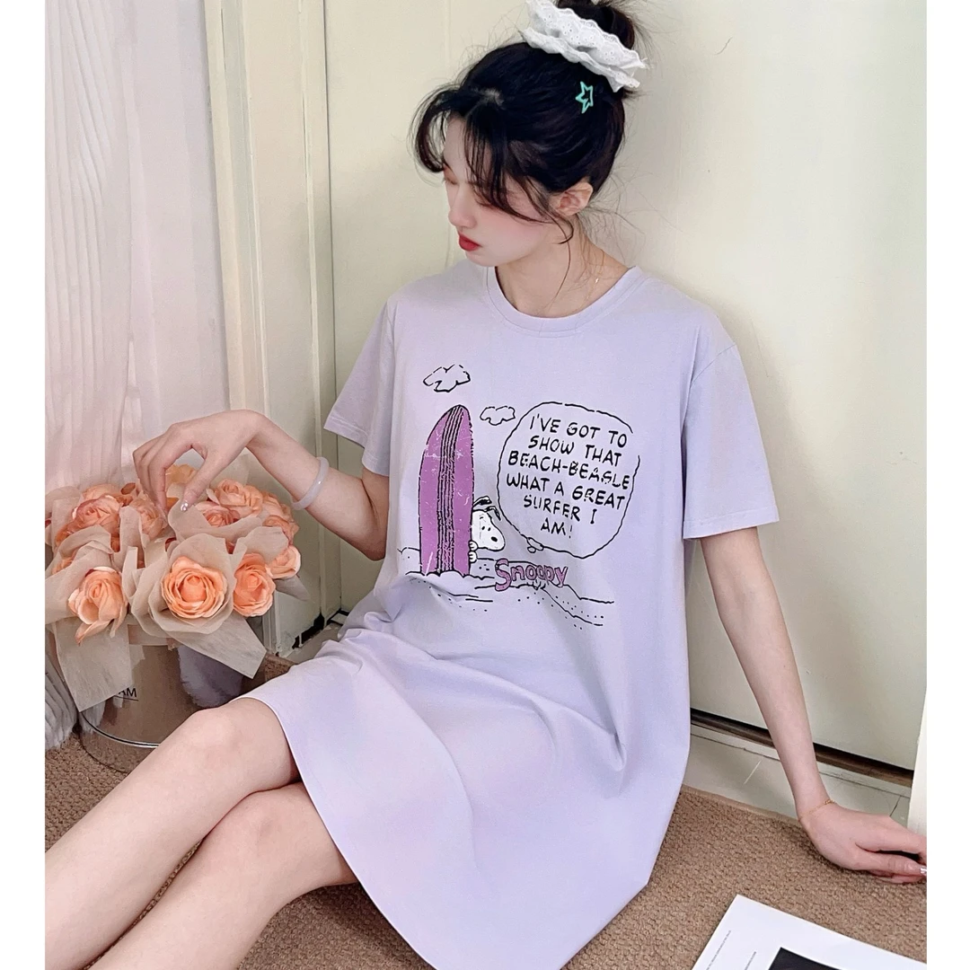 百家亲春夏季舒适大码中长款印花卡通95棉睡裙宽松韩版休闲女裙子