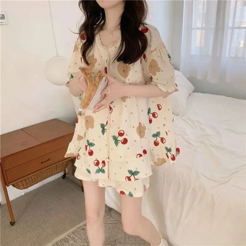 直播睡衣女夏季韩版ins网红小熊短袖短裤开衫甜美