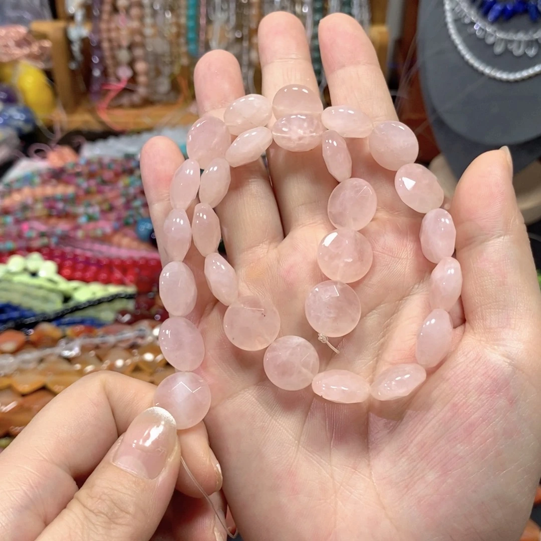 玛瑙/玉髓合金珠宝半成品粉晶切面圆饼一条卡15mm