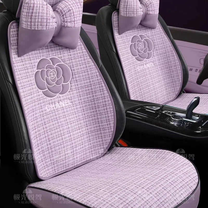 汽车坐垫女士四季通用坐垫简约亚麻复古时尚四季透气不闷热耐磨