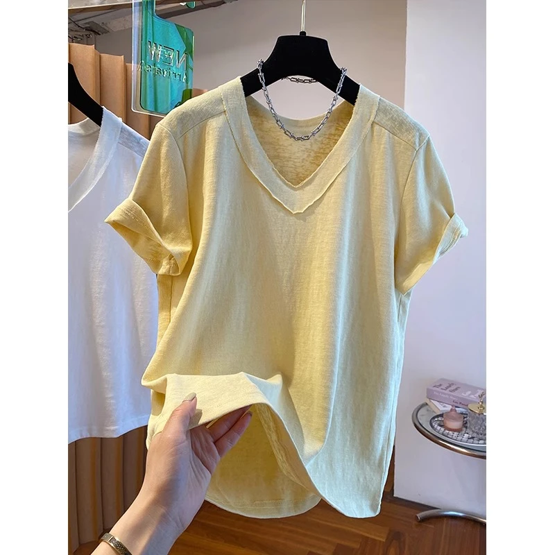 胖妹妹240斤大码慵懒风凉爽轻薄V领雪花棉短袖T恤女夏季宽松上衣