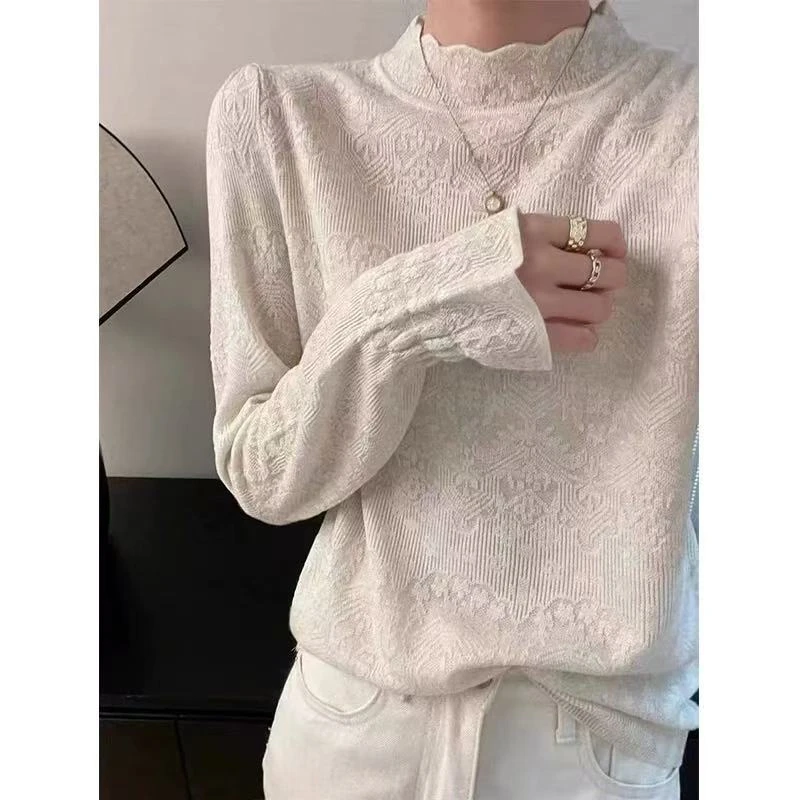 9221千炫家新款百搭纯色花边领显瘦蕾丝打底