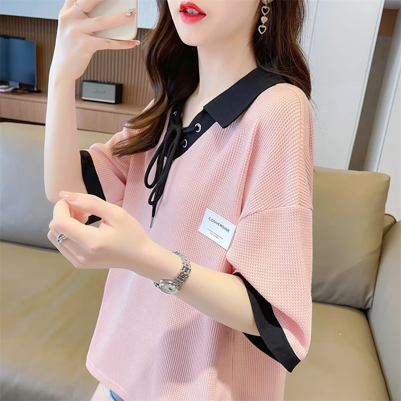 个性绑带短袖t恤女2025新款夏季韩版宽松大码女装华夫格撞色上衣