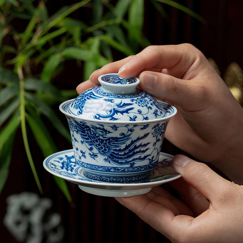 一思堂陶瓷盖碗景德镇柴窑青花手绘缠枝凤纹马蹄盖碗功夫茶泡茶碗