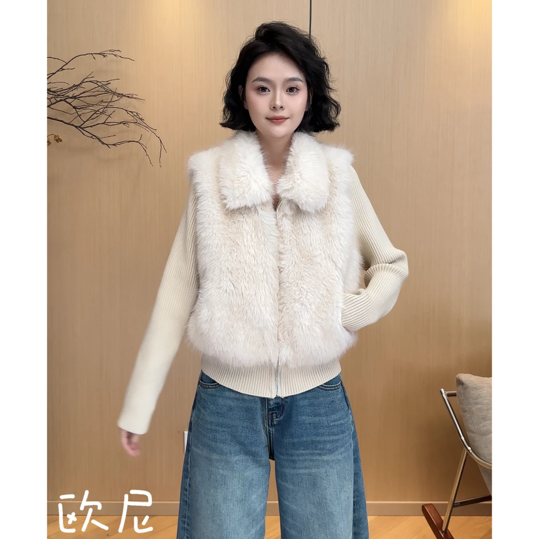 欧尼私服 2025冬季新款长袖拼接毛毛翻领假两件针织外套2510C6961