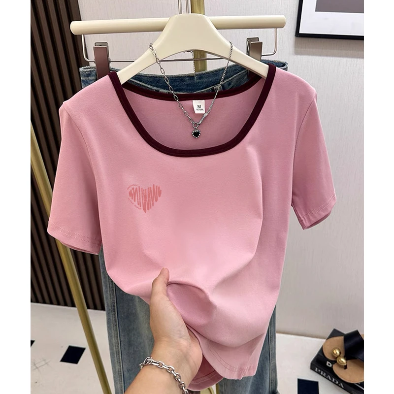 撞色方领上衣夏季2025新款独特别致设计感小众短袖正肩t恤女显瘦