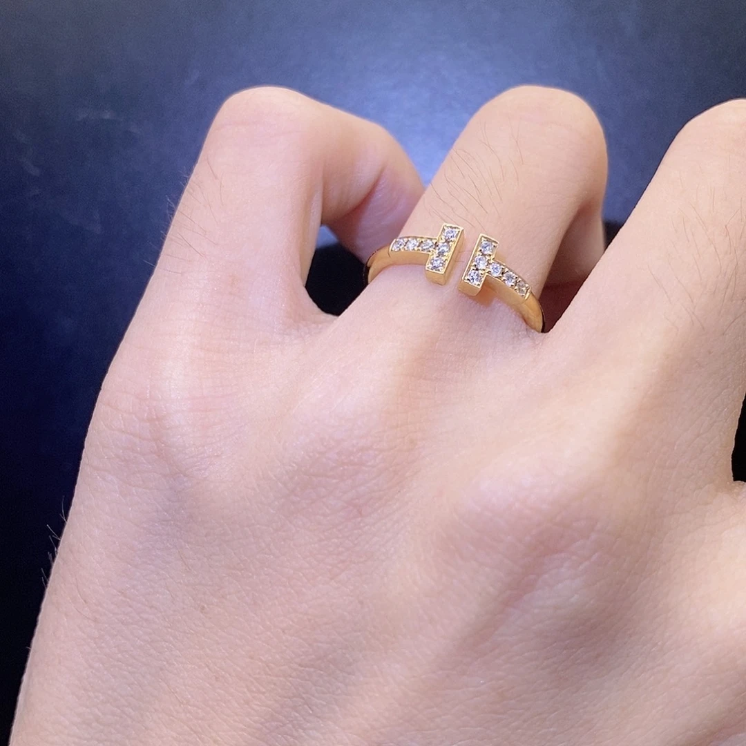 戒指/指环18K金镶嵌钻石双t戒指k黄