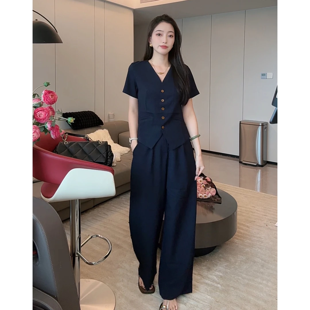 意式轻奢慵懒休闲套装女透气短袖小马甲高腰宽松阔腿裤减龄两件套