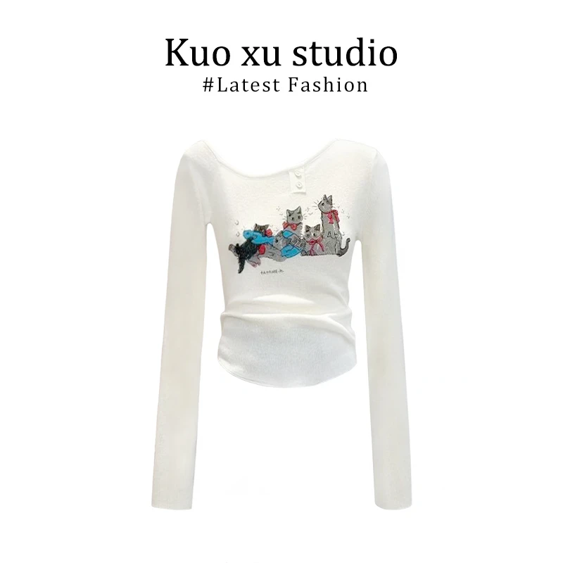 2025韩系chic秋季气质猫咪印花斜肩长袖针织百搭上衣宽松牛仔裤女