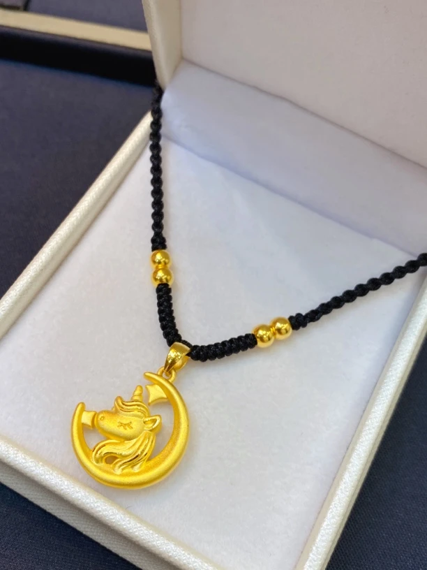 足金999月亮独角兽编绳项链