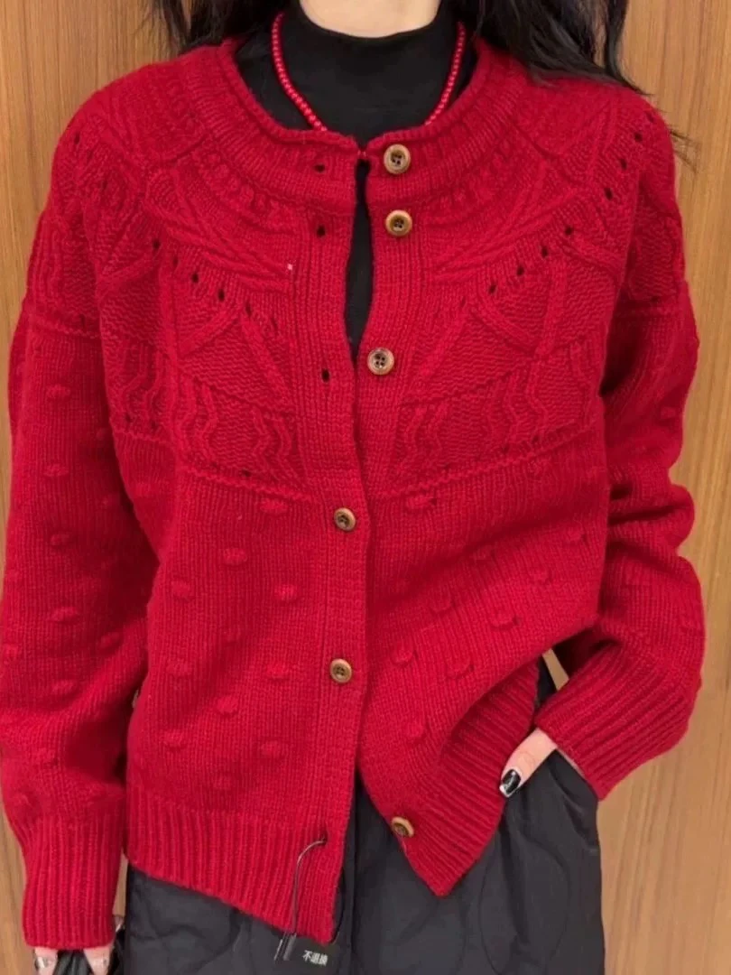 2024秋冬新款开衫长袖毛针织衫女士欧货纽扣7829