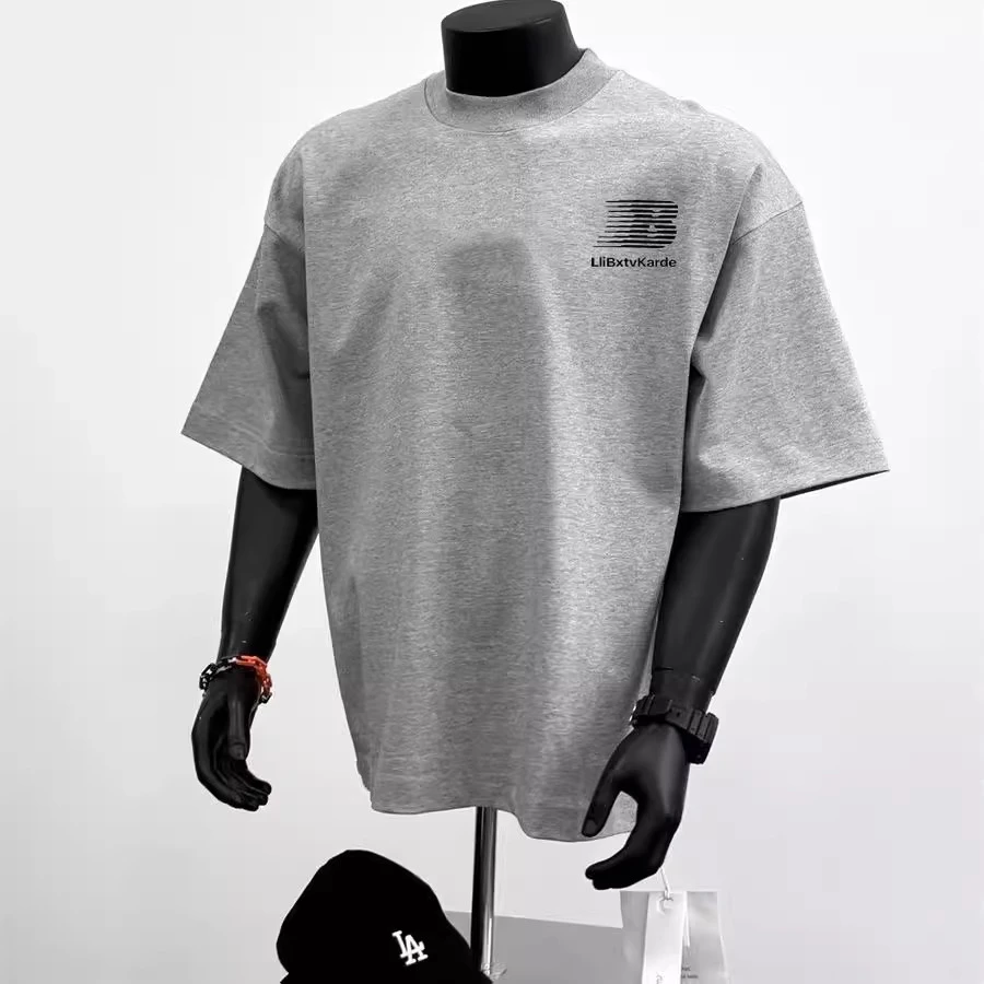 cleanfit花灰色纯棉t恤男小领口美式短袖夏季复古痞帅重磅半截袖