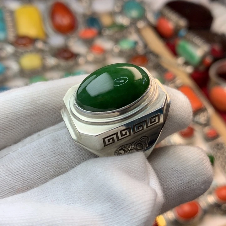 和田玉（碧玉）戒指足银镶嵌