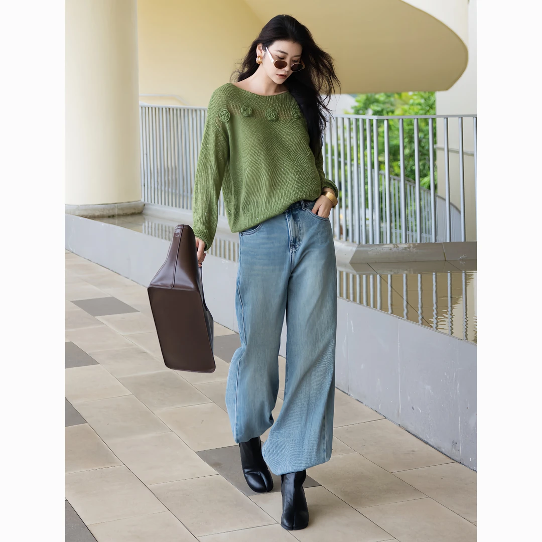 ZEROYK草绿色圆领长袖丝羊绒针织衫2025新款时尚洋气减龄宽松上衣