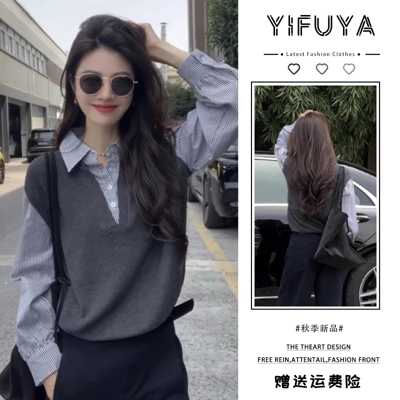 假两件长袖衬衫女高级感巨好看的设计感小众早秋韩系chic别致上衣