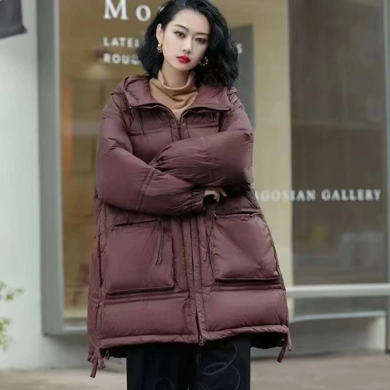 2023冬装新款休闲大码连帽90白鸭绒羽绒服女装上衣开衫外套0666