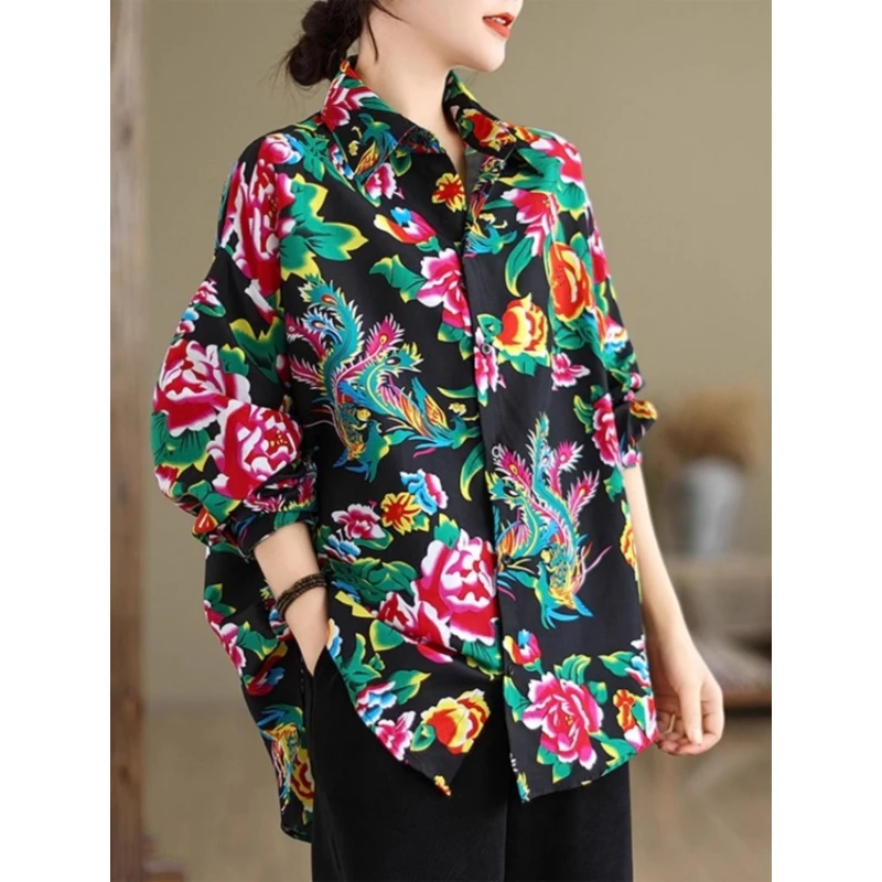 东北大花新款衬衫外套春季长袖中式印花衬衣民族复古宽松休闲上衣