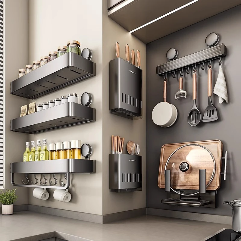 优勤吸盘厨房置物架免打孔壁挂锅盖刀架调料用品大全多功能收纳架