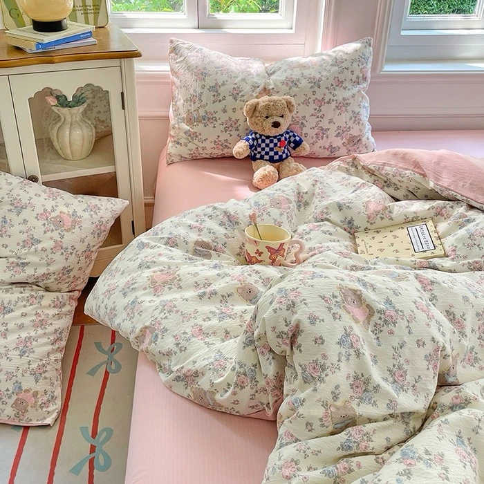【万家恋家纺】2025新款A类亲肤柔软云感木棉邹邹纱可爱清新四件套