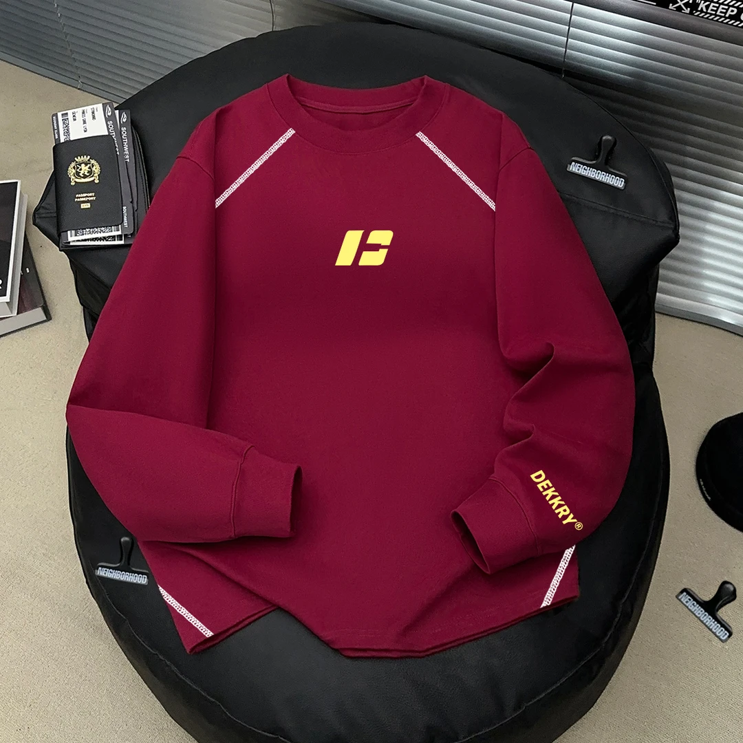 美式潮流简约字母印花长袖t恤男女拉线拼接纯棉休闲情侣百搭上衣