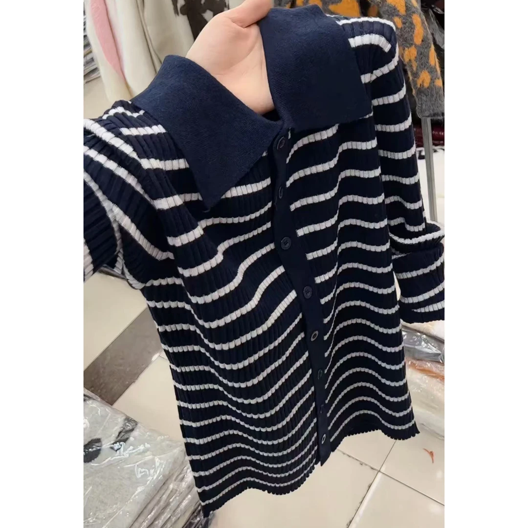 2025秋冬季新款韩系慵懒风条纹针织开衫设计感休闲风小众长袖上衣