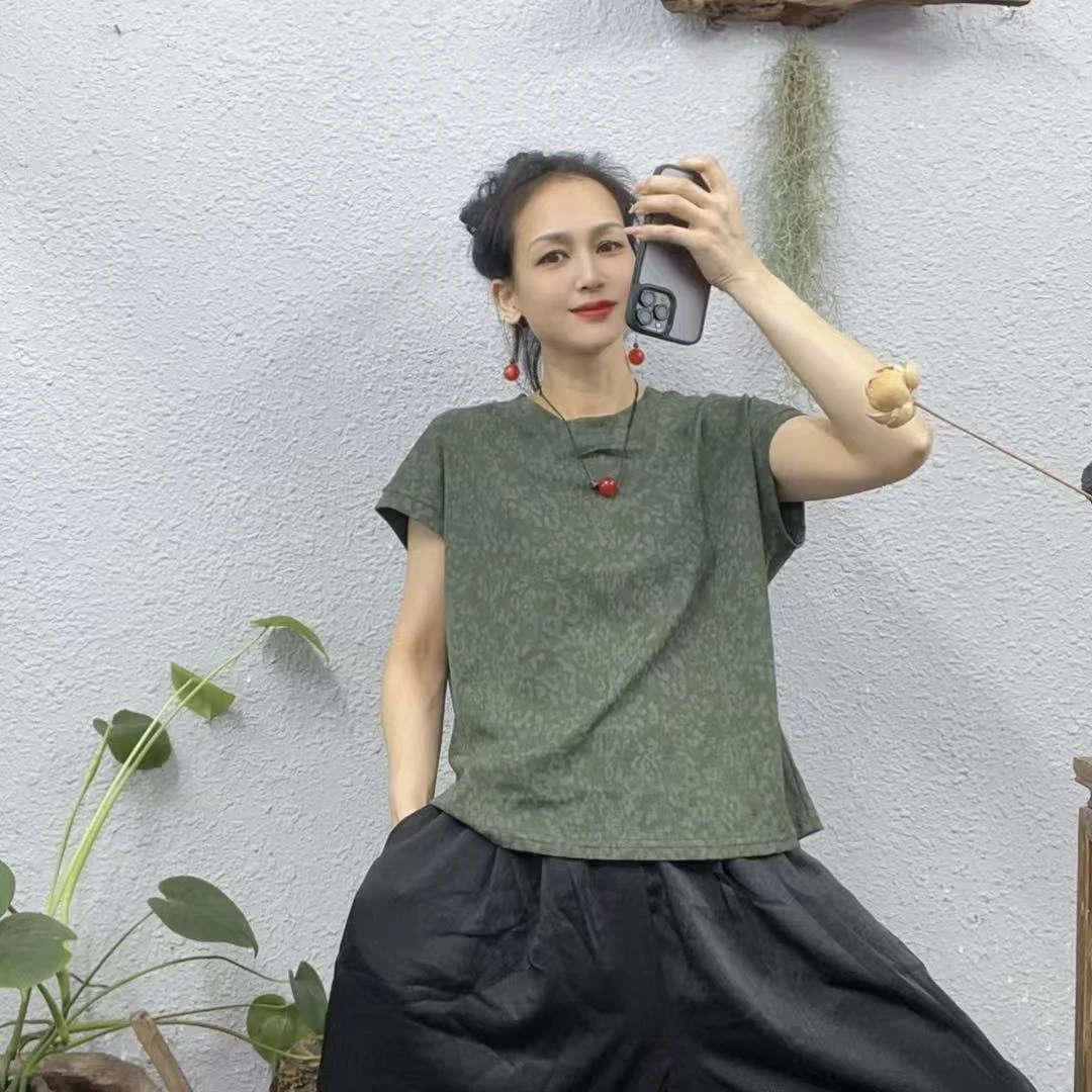 25098-1印豹纹扎染雪滑棉圆领砍袖上衣（长58胸围116-140