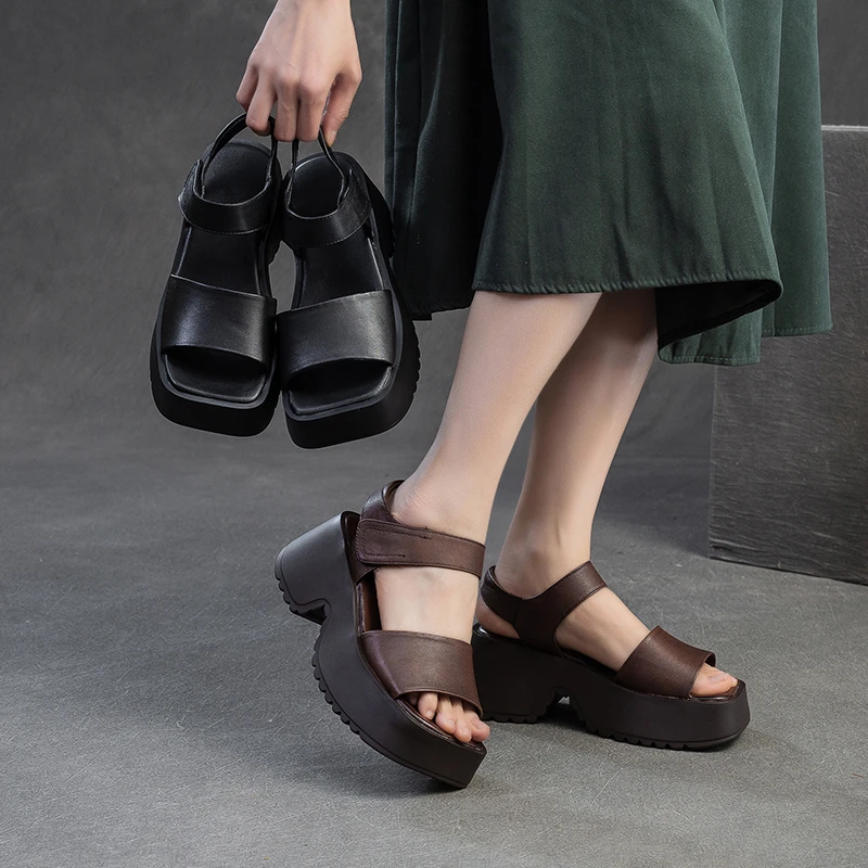 25578头层牛皮厚底高跟夏季防滑凉拖增高不增重真皮松糕底