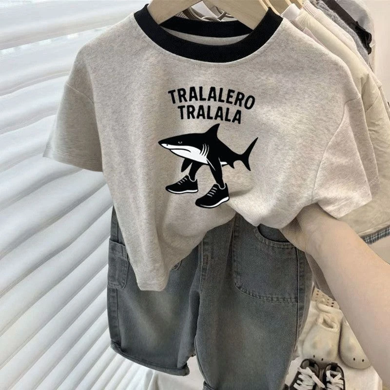 夏季新款男童韩范宽松纯棉男女童上衣中大童帅气时上体闲卡通衣潮